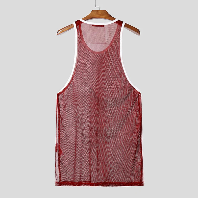 INCERUN Hombre Camisetas de Tirantes Malla Retazos Cuello Redondo Sin Mangas Chalecos Masculinos Transparentes Sexy Huecos Ropa de Hombre Ropa de Calle Verano