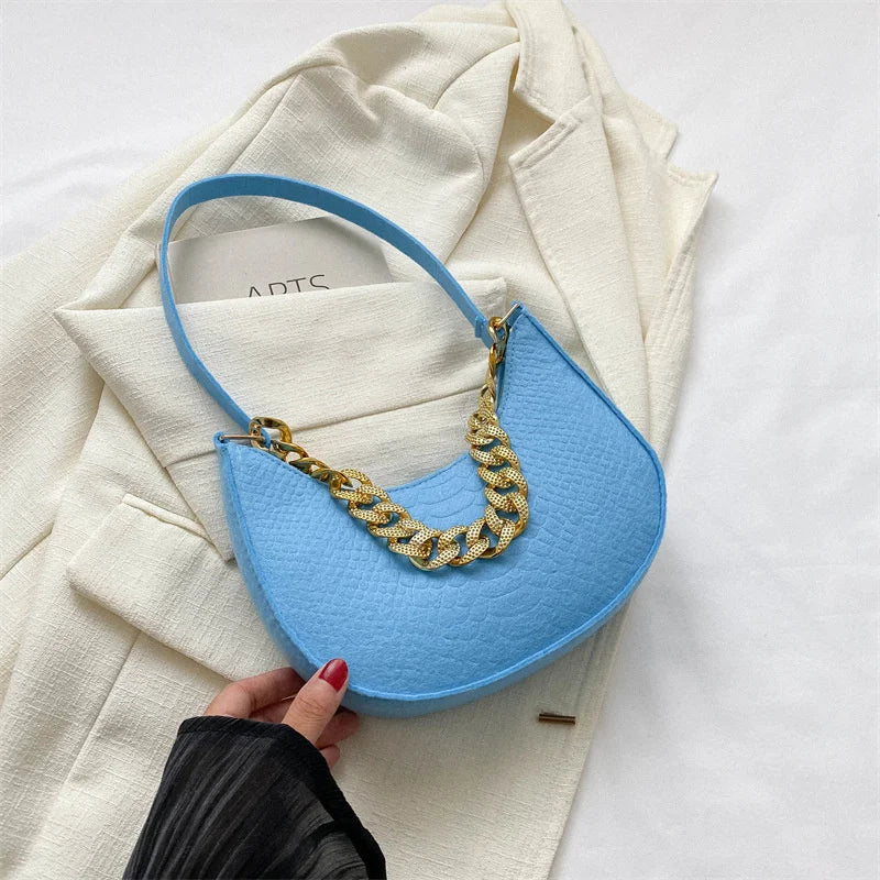 Fashion Women's Felt Handbag | Imitation Metal Chain Underarm Bag (Retro Ladies Solid Color Shoulder Bag, Trendy Casual Clutch Purse) Luxegan