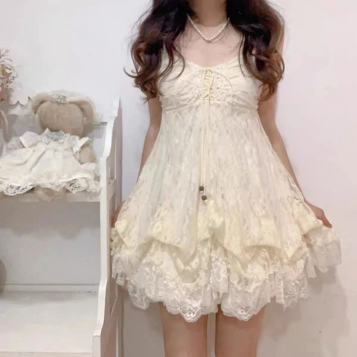Women's Y2k Lolita Cute Mini Dress | Spicy Girls Floral Style Lace-Up Summer Dress | Elegant Square Collar Ruffle Slim Fit Vestido | Premium Tatting Regular Fit A-Line Dress Model QZ6007 Luxegan