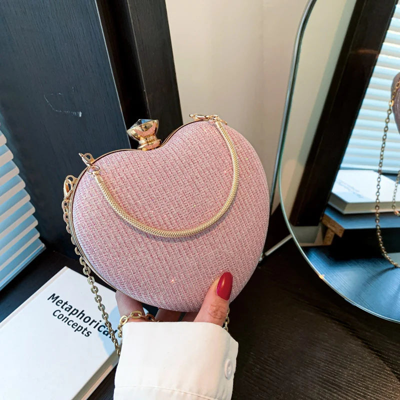 Shiny Heart Shape Metal Evening Clutch Bag for Women | Fashion Chain Shoulder Crossbody Bag (Luxury Lady Purse) Luxegan