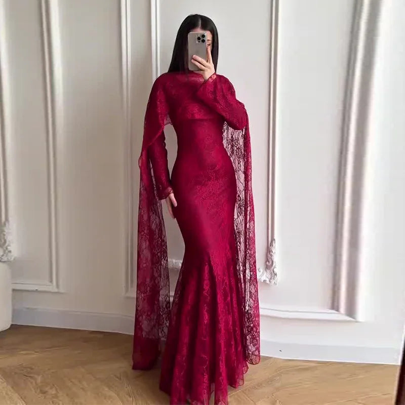 Solid Round Neck Full Sleeve Slim Fit Trumpet/Mermaid Floor-Length Dress – Natural Waist, Spring Luxegan