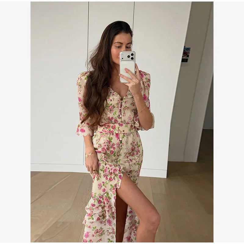 Flutter Sleeves Slim Long Dress Women Casual Pleated Deep V-neck Floral Print High Waist Dresses 2026 Lady Summer Holiday Wear