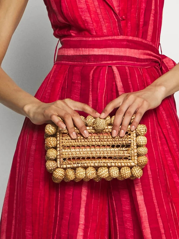 Luxury Rattan Clutch Bag for Women | Designer Wicker Handbag for Summer Beach & Weddings | Elegant Hollow-Out Cane Party Purse | Fashionable Geometric Box Evening Bag Luxegan