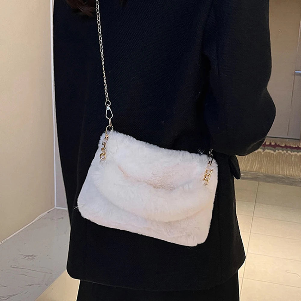 Fuzzy Plush Top Handle Bag | Soft Faux Fur Chain Crossbody Luxegan
