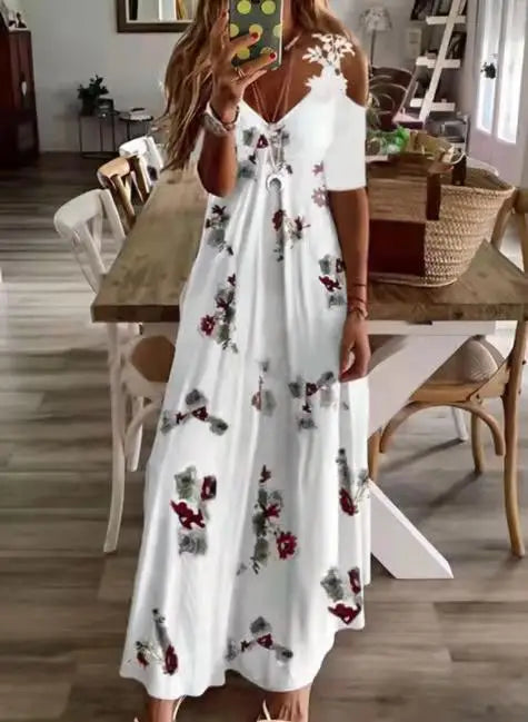Floral V-Neck Spaghetti Strap Lace Detail Regular Fit A-Line Ankle-Length Dress – Brocade, Medium Stretch, Summer Luxegan