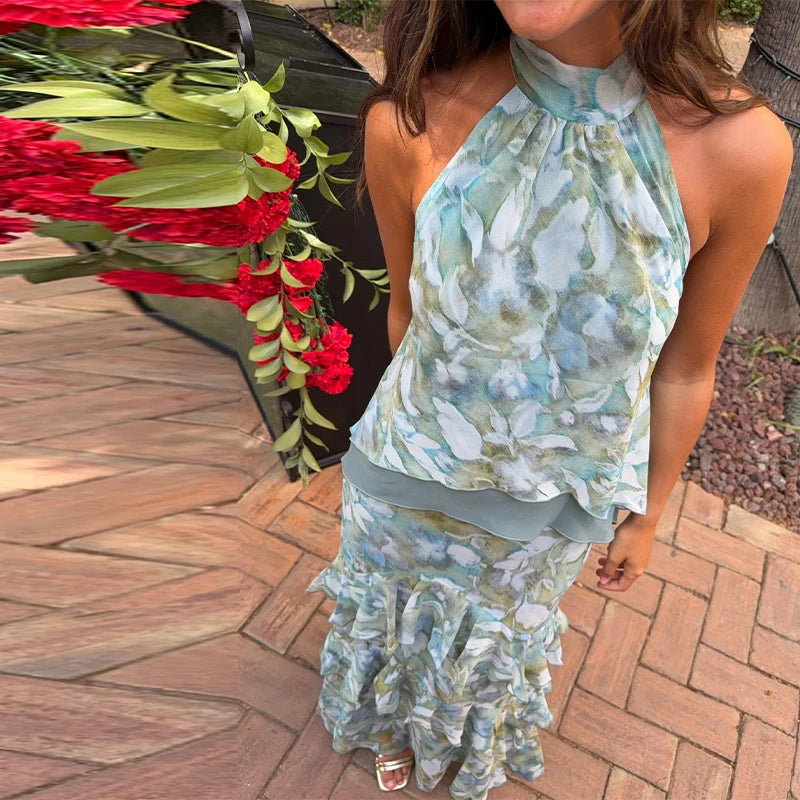 Hollow-Out Halter Backless Ruffle Maxi Dress | Sleeveless Waist-Cinching Party Evening Gown Luxegan