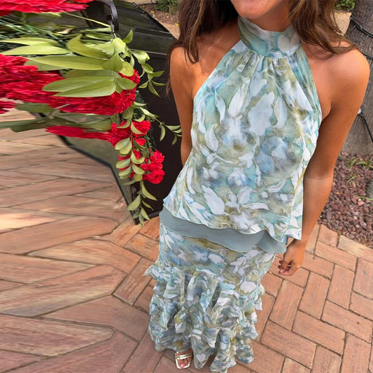 Hollow-Out Halter Backless Ruffle Maxi Dress | Sleeveless Waist-Cinching Party Evening Gown Luxegan