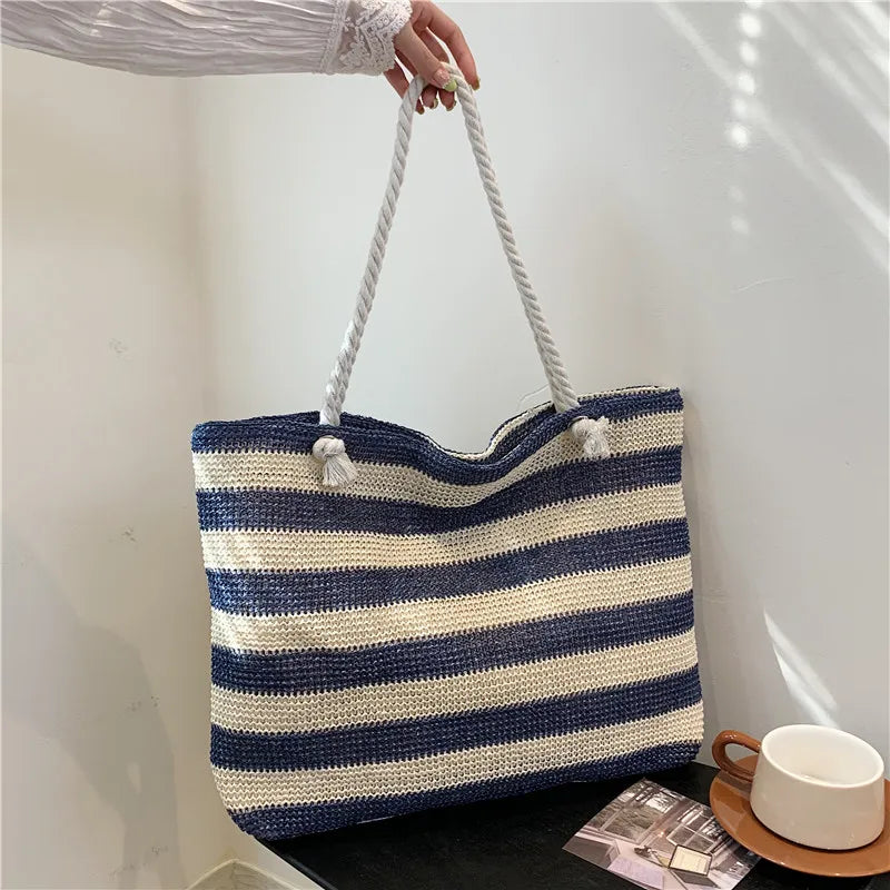 Color-Contrast Straw Shoulder Bag | Sophisticated Large Capacity Beach Handbag | Elegant Summer Daily Tote | "Dignified" Hard-Shell Woven Purse for Versatile Seasonal Styling Luxegan