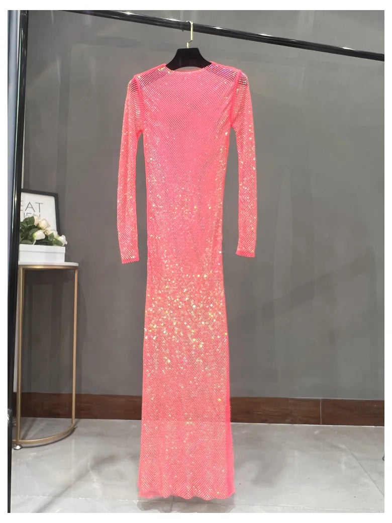 Long Sleeve Rhinestone Diamond Hollow-Out Sheath Maxi Dress | Sexy Club Glam Floor-Length Gown Luxegan