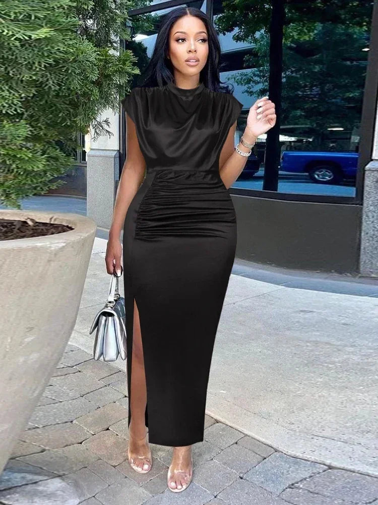 Satin Turtleneck Bodycon Dress – Cap Sleeve, Fold Detail, Ankle-Length, Empire Waist Luxegan