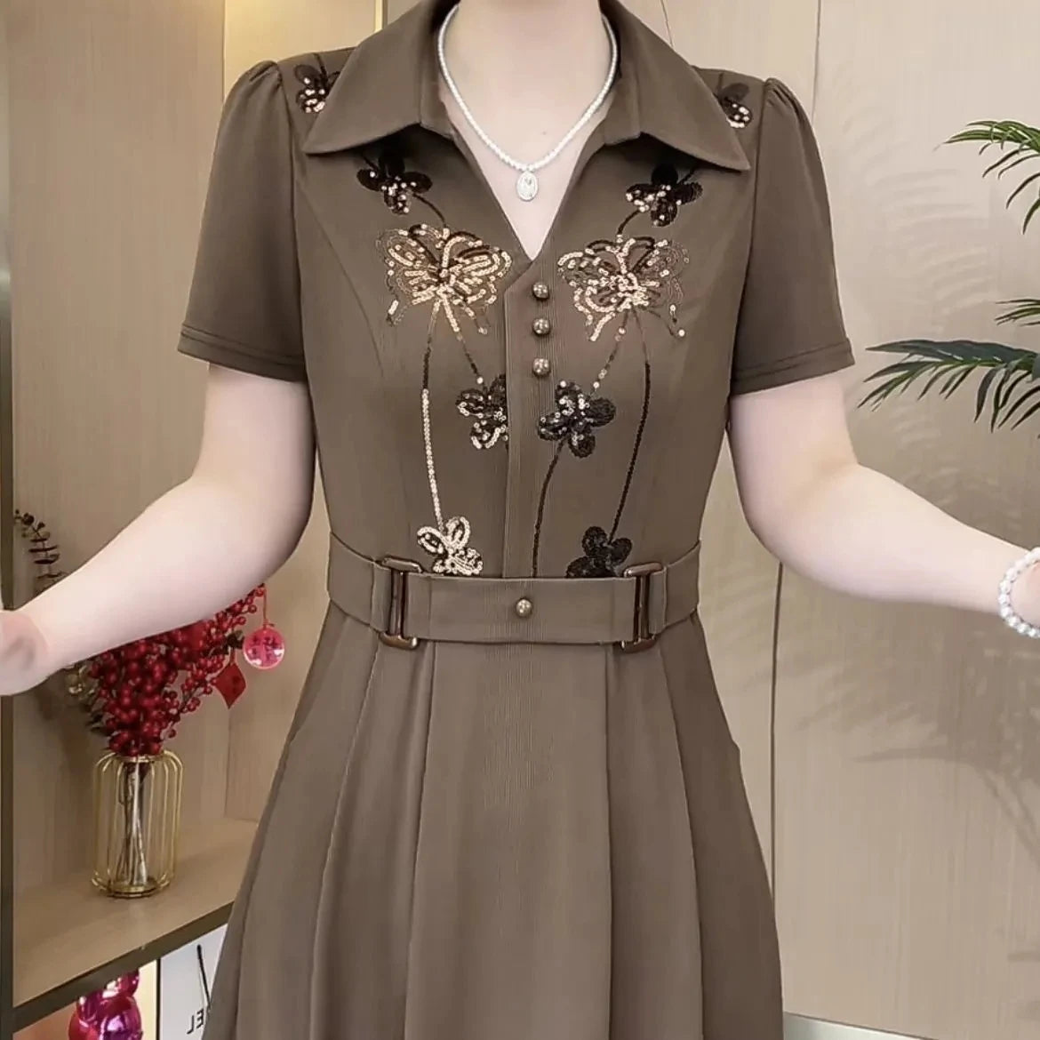 Patchwork Casual Square Neck Short Sleeve Loose Straight Mid-Calf Dress – Cotton and Polyester, Natural Waist, Summer Luxegan