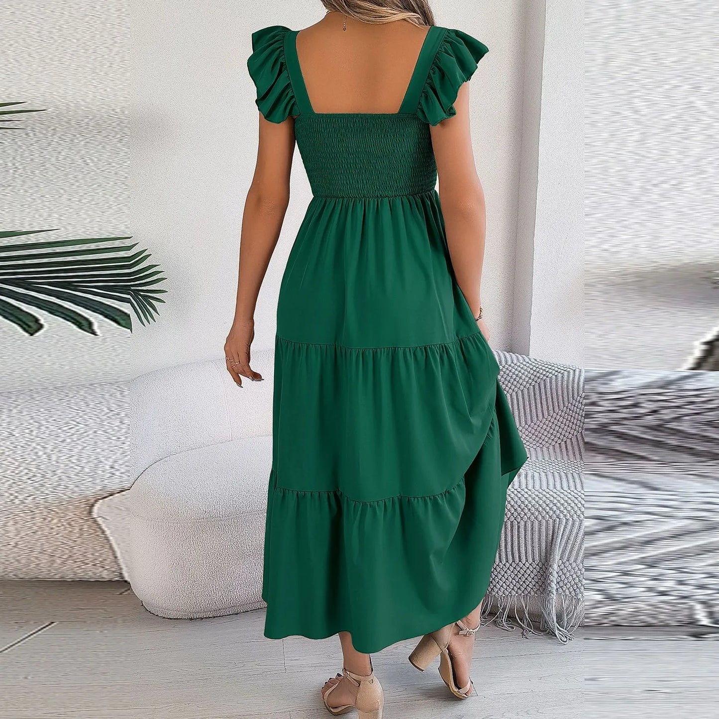 Solid Sleeveless Backless Pleated Maxi Dress | Square Neck A-Line Beach & Casual Dress Luxegan