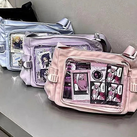 New Japan Style Transparent Display Shoulder Bag | Anime Expo DIY Decoration Crossbody | Casual Nylon Ita Bag Tote | Versatile Women's Postcard Display Messenger Bag Luxegan