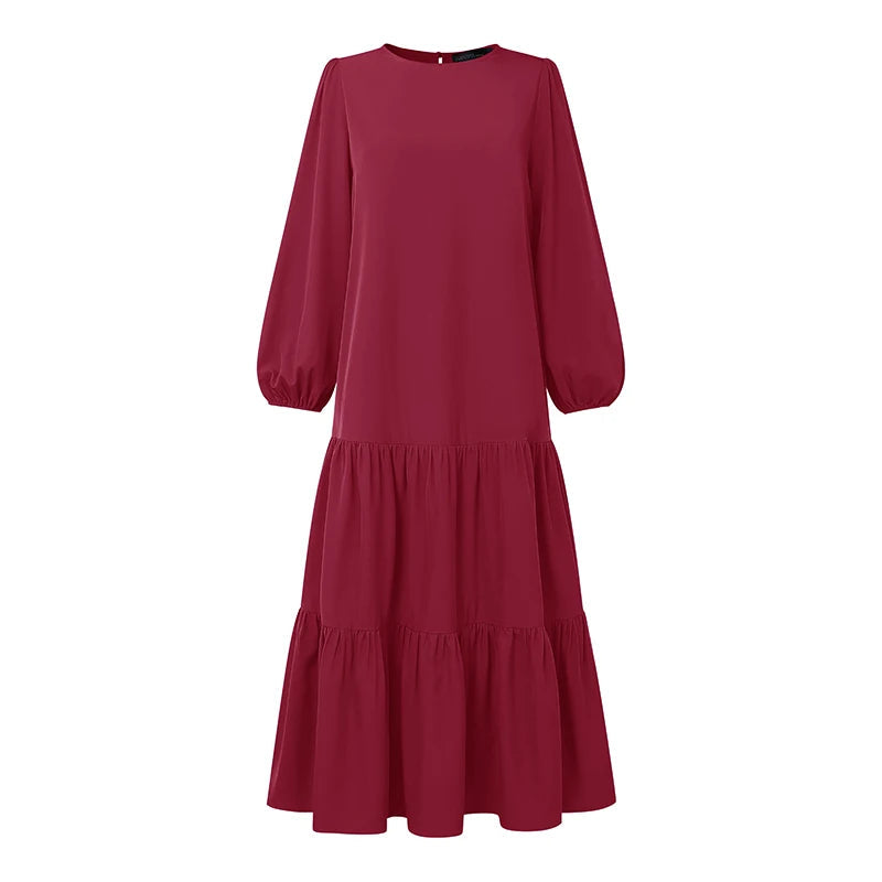 Solid O-Neck Lantern Sleeve Regular Fit A-Line Midi Dress – Natural Waist, Jersey, Autumn Luxegan