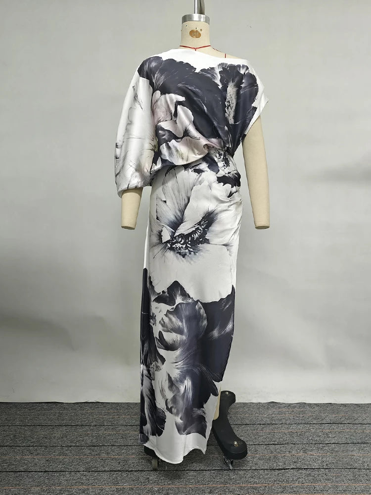 Gymystars Fashion Evening Dresses Floral Printed Long Dress for Women Summer Art Asymmetric Bat Sleeves One-Shoulder Party Dress