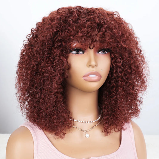 P4/27 Afro Kinky Curly Human Hair Bob Wig with Bangs - 250% Density Full Machine-Made Glueless Short Wig - 100% Brazilian Remy Human Hair Mix Brown Jerry Curly Fringe Wig for Women (Fast Shipping) Luxegan