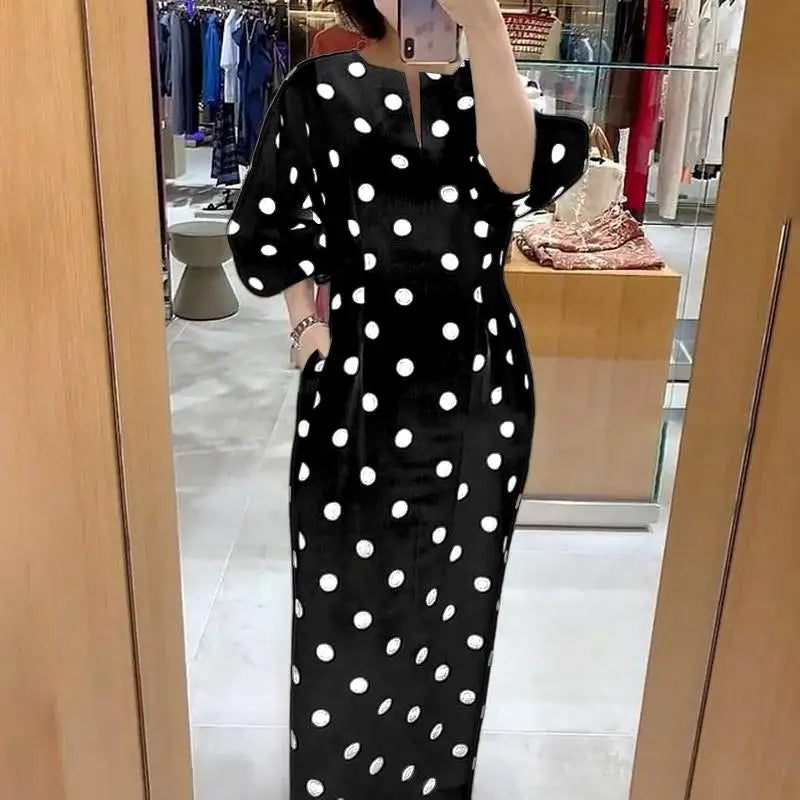 Dot Vintage V-Neck 3/4 Sleeve Slim Sheath Mid-Calf Dress with Pockets – Non-Stretch Polyester, Natural Waist, Summer Luxegan