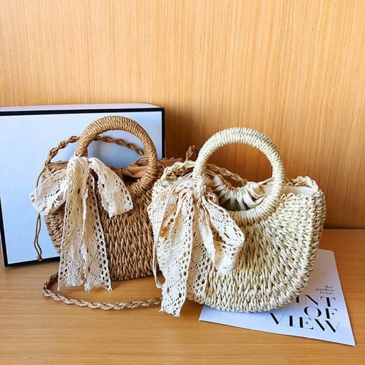 Hand-Woven Moon Shape Straw Handbag | Sophisticated Lace Bow Rattan Bag for Women | Large Capacity Bohemian Crossbody | Elegant Knitting Pattern Beach Bag with Drawstring Closure Luxegan