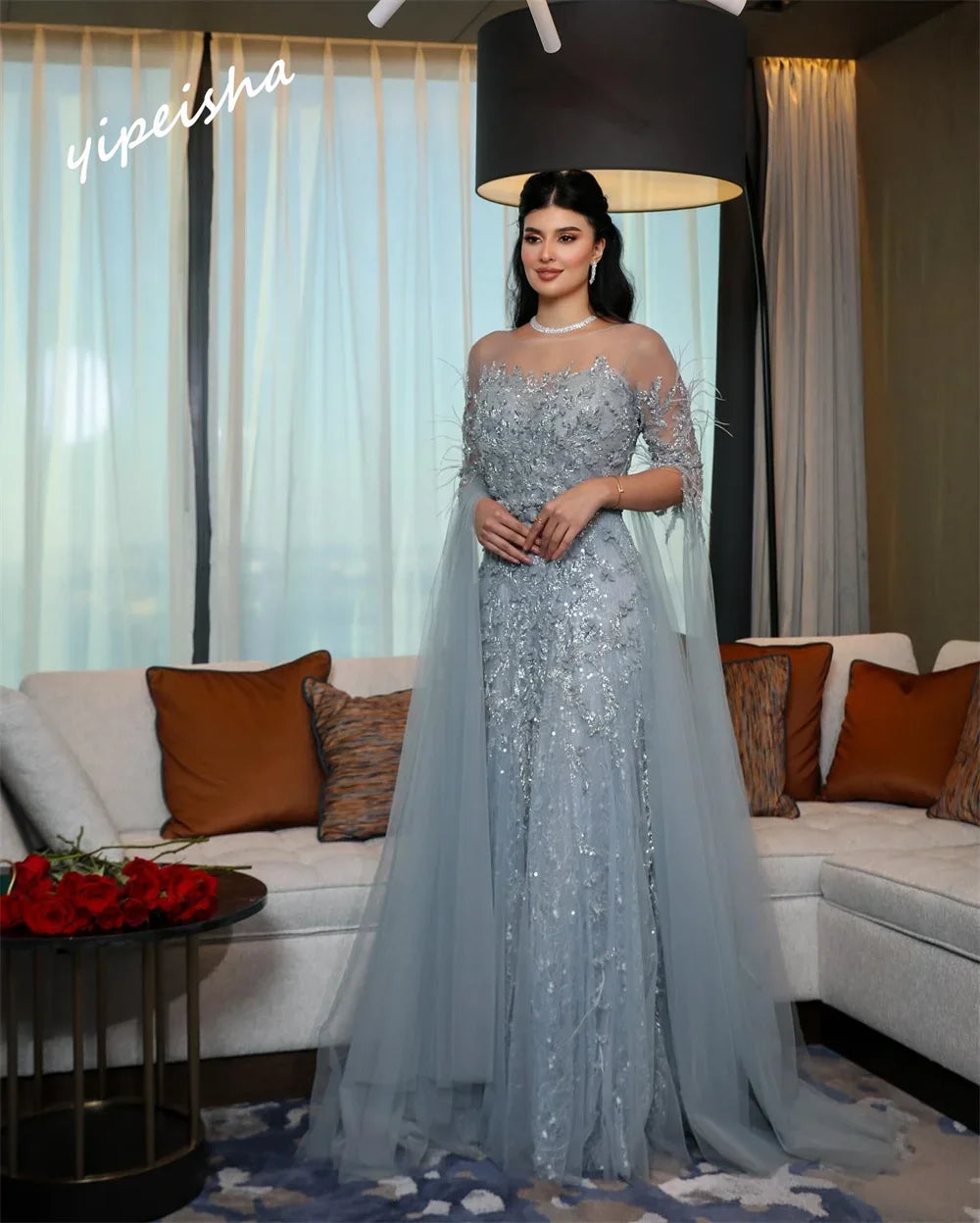 Customized Jiayigong Net Feather Beading Homecoming A-line Scoop Neck Bespoke Occasion Gown Long Dresses Saudi Arabia