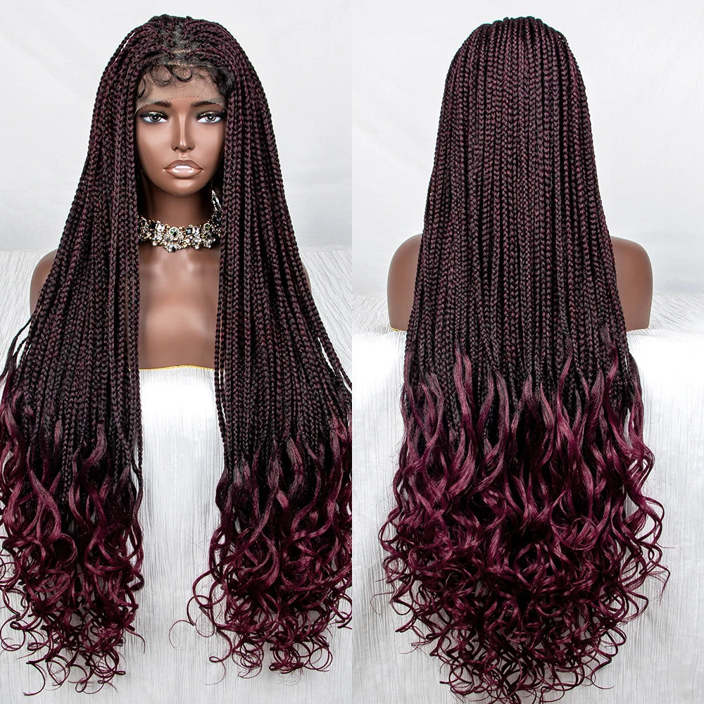 36" Blue Knotless Box Braids Lace Front Wig | Baby Hair | Crochet Braids | Black Women