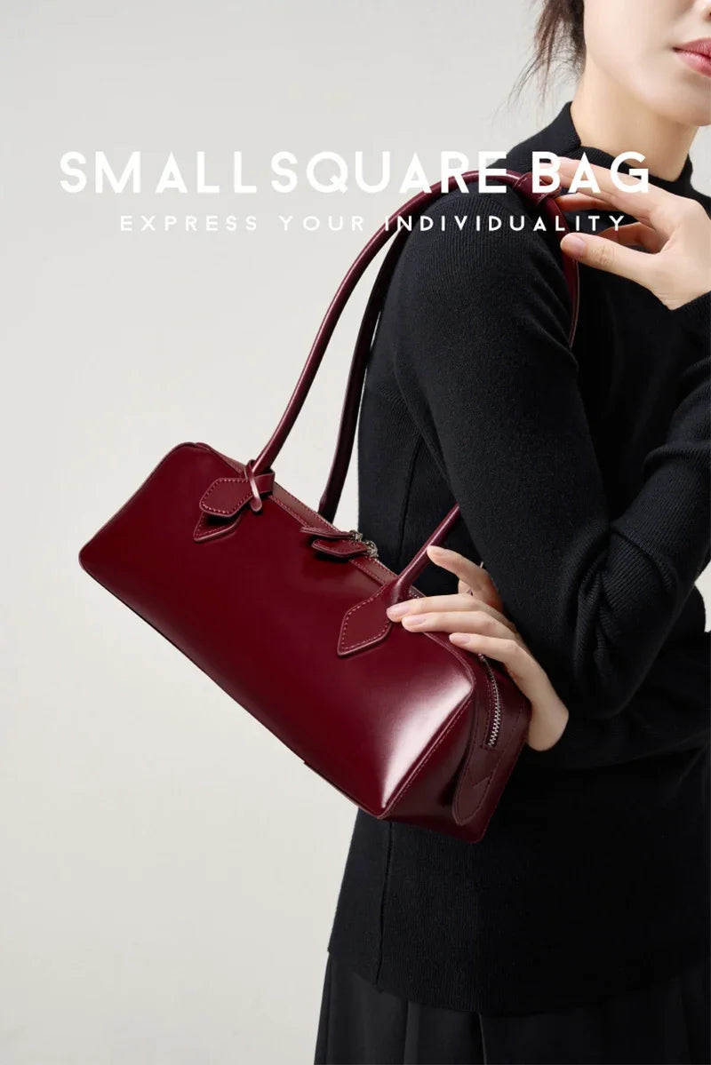 New Genuine Leather Women's Shoulder Bag | Large Capacity Cowhide Luxury Handbag (Long Strip Wine Red Baguette Bag) Luxegan