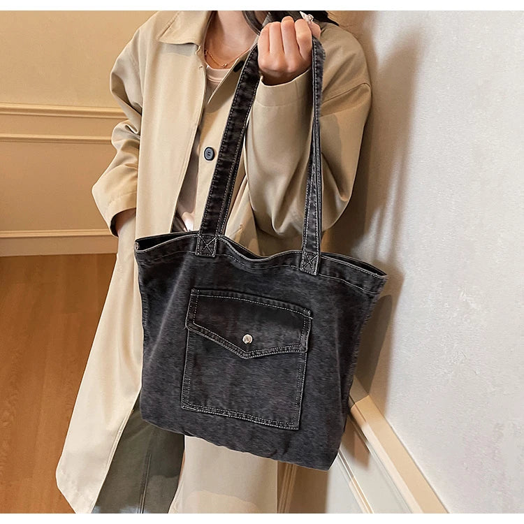 Fashion Luxury Women’s Denim Shoulder Bag | High-Quality Fabric Large Capacity Tote | Sophisticated Multi-Functional Handbag | Fashion-Forward Square Denim Crossbody with Exterior Flap Pocket Luxegan