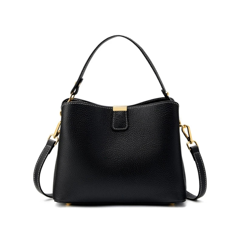 100% Cow Genuine Leather Bucket Bag | Luxury Designer Wide Strap Tote Luxegan