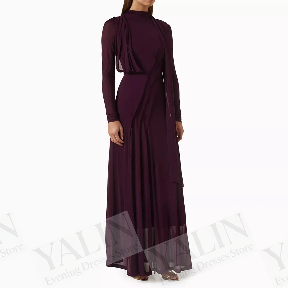 Ruched Draped A-Line Prom Dress | High-Neck Full Sleeve Ankle-Length Evening Gown Luxegan