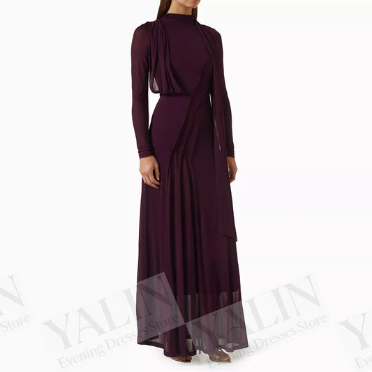 Ruched Draped A-Line Prom Dress | High-Neck Full Sleeve Ankle-Length Evening Gown Luxegan