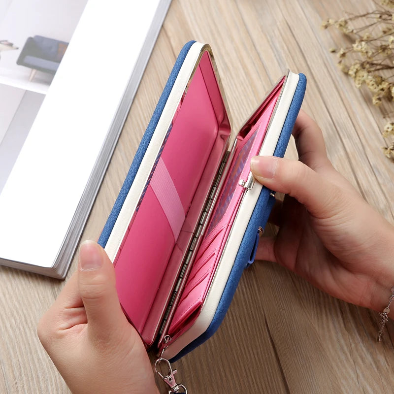 Fashion Women Clutch Wallet Long Card Holder Case Purse Cellphone Case Handbag With Wristlet