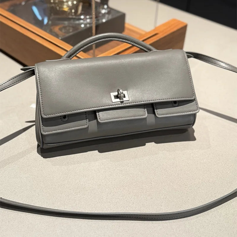 Genuine Leather Solid Satchel | Soft Black Lock Design Shoulder Crossbody Bag Luxegan