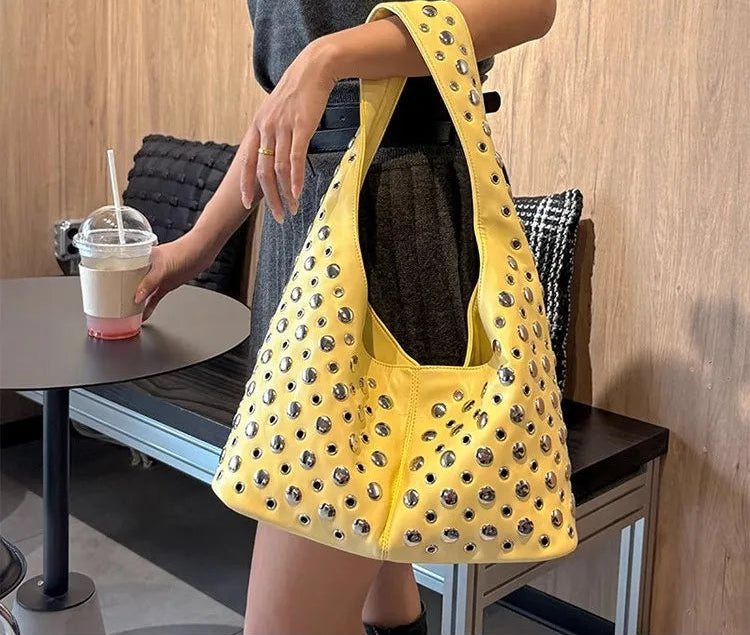 Women's Cool Punk Rivet Satchel Tote Bag | Large Capacity Soft PU Leather Handbag | High-Quality Textured Underarm Shoulder Bag | Spring & Summer Fashion Hobo Purse Model GHJK34 Luxegan