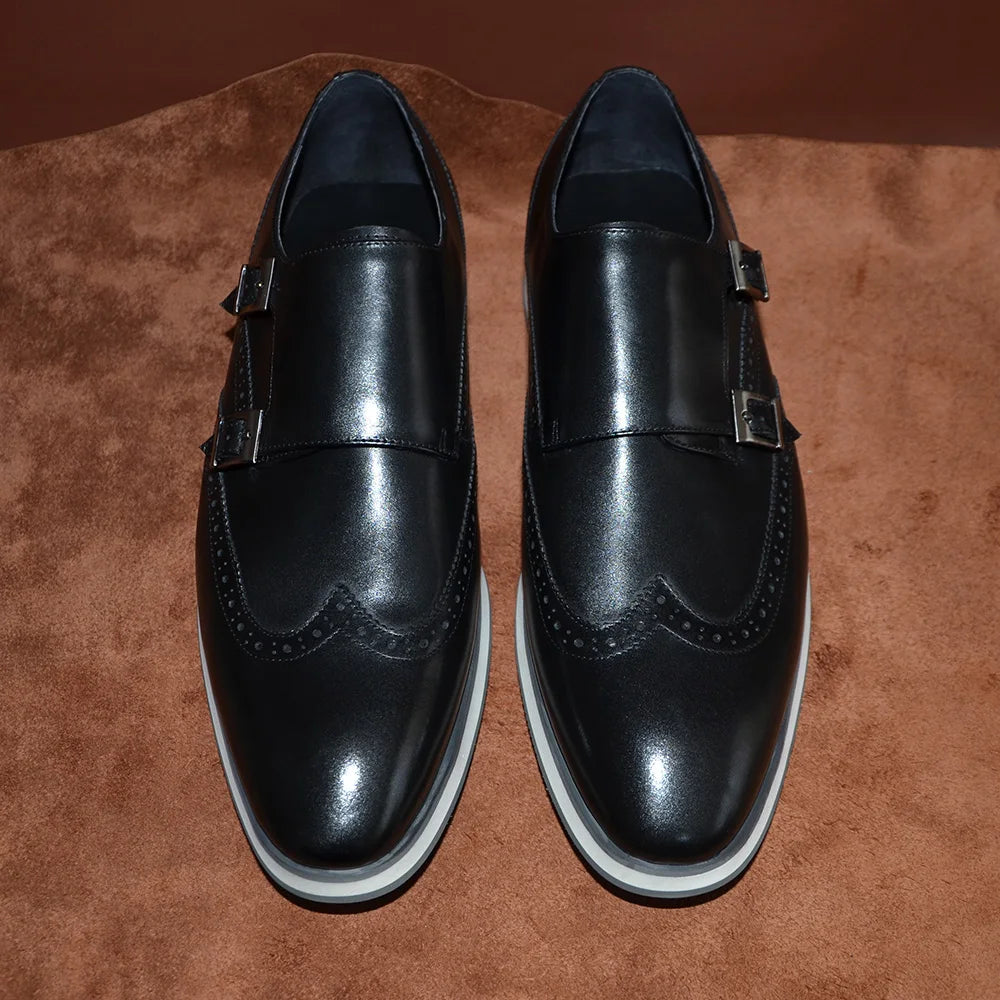 Classic European Luxury Monk Strap Sneakers | Sophisticated Double Buckle Wingtip Brogue | Elegant "Genuine Cow Leather & Suede" Silhouette | "Dignified" Sheepskin Insole & Non-Slip Rubber for Radiant Versatile Styling Luxegan