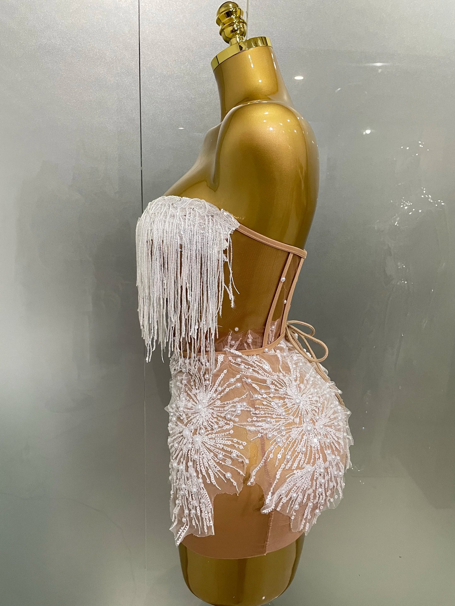 Sexy Pearl Sequins Tassel Glitter Mini Dress | Strapless Sleeveless Sheath Club Party Dress | Premium Slight-Stretch Slim Fit Stage Performance Outfit | Luxury Applique Nightclub Singer Vestido Luxegan