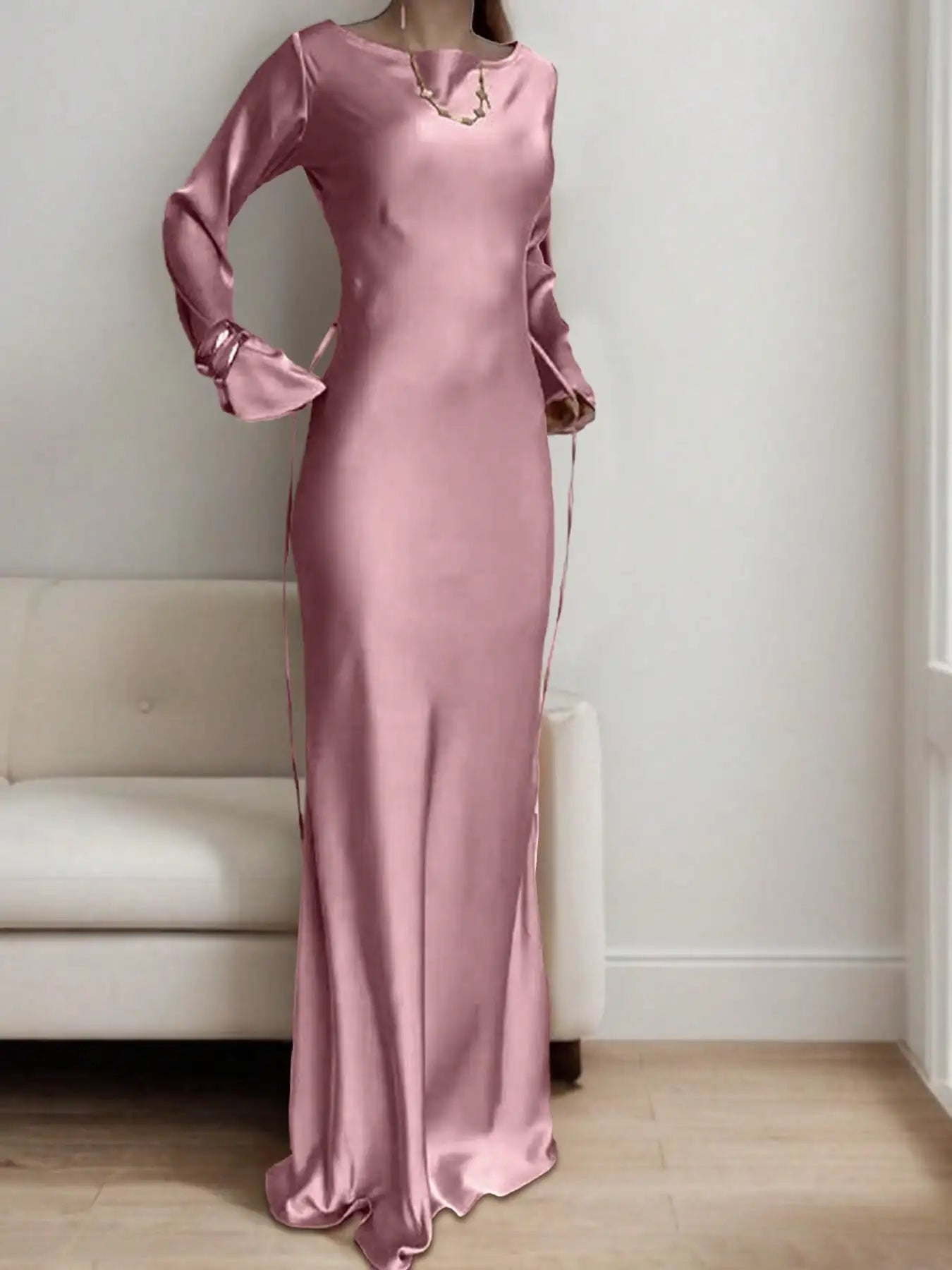Bespoke Satin Corset Maxi Dress | Dramatic Flared Sleeve Luxury Evening Gown | Solid Round-Neck Slim Fit Mermaid Dress Luxegan