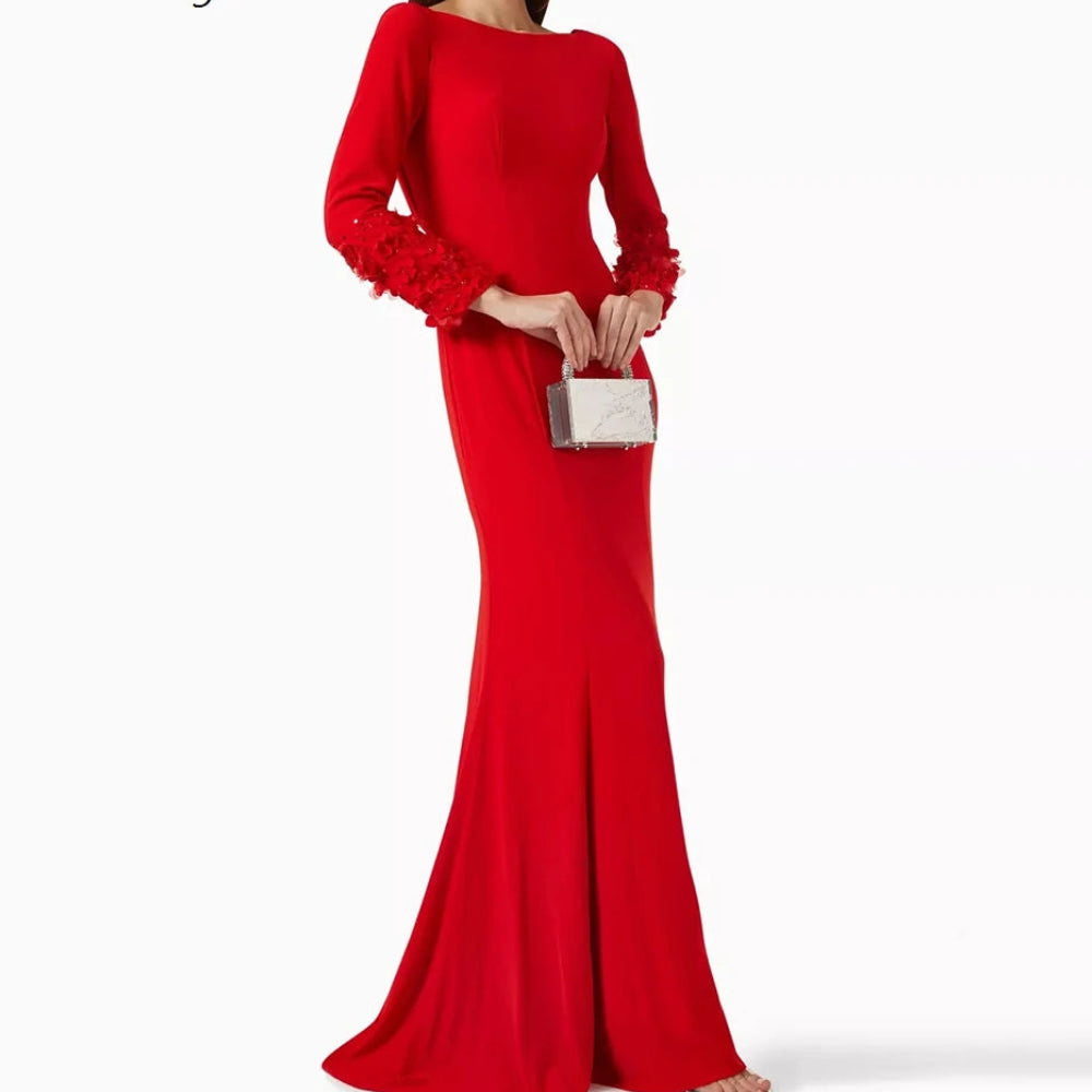 Floral Sequined Mermaid Prom Dress | Boat Neck Full Sleeve Floor-Length Evening Gown Luxegan