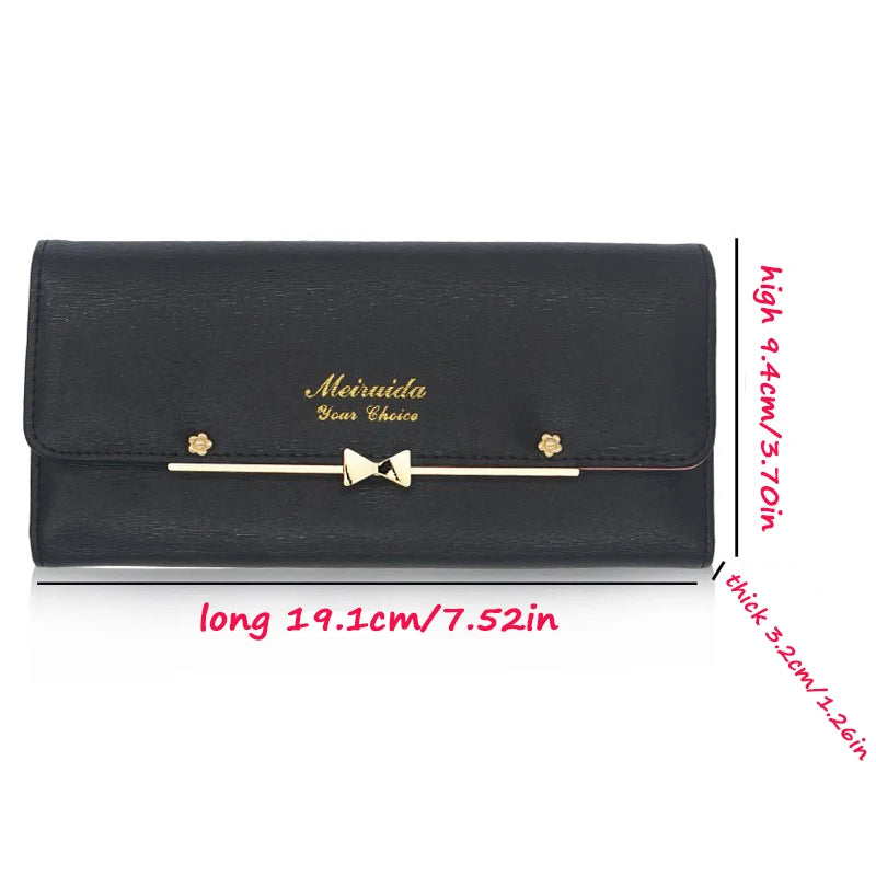 Women Student Cute Bowknot PU Leather Wallet Trifold Large Capacity Card Holder Money Purse Long Phone Handbag