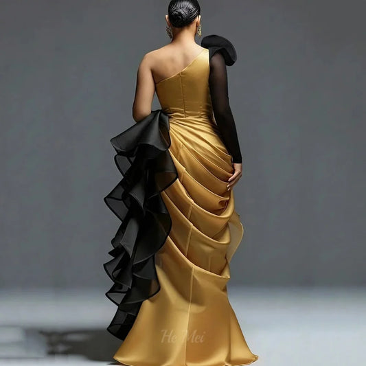 Luxury One-Shoulder Contrast Color Prom Gown | Customized Vintage Organza Mermaid Evening Dress | Elegant Full Sleeve Split Party Dress | Sweep Train Formal Vestido Model HM2026020202 Luxegan