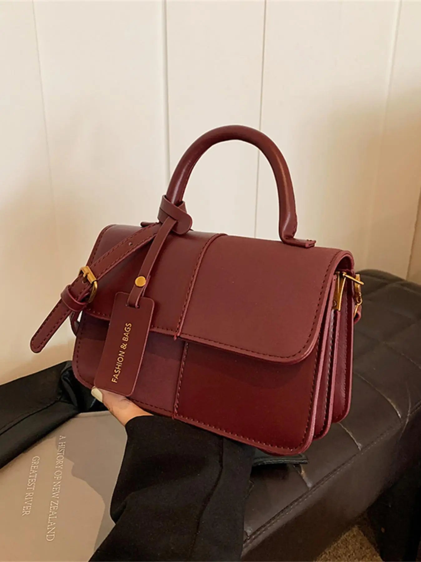 Burgundy PU Leather Bag | Retro Contrasting Color Crossbody Luxegan