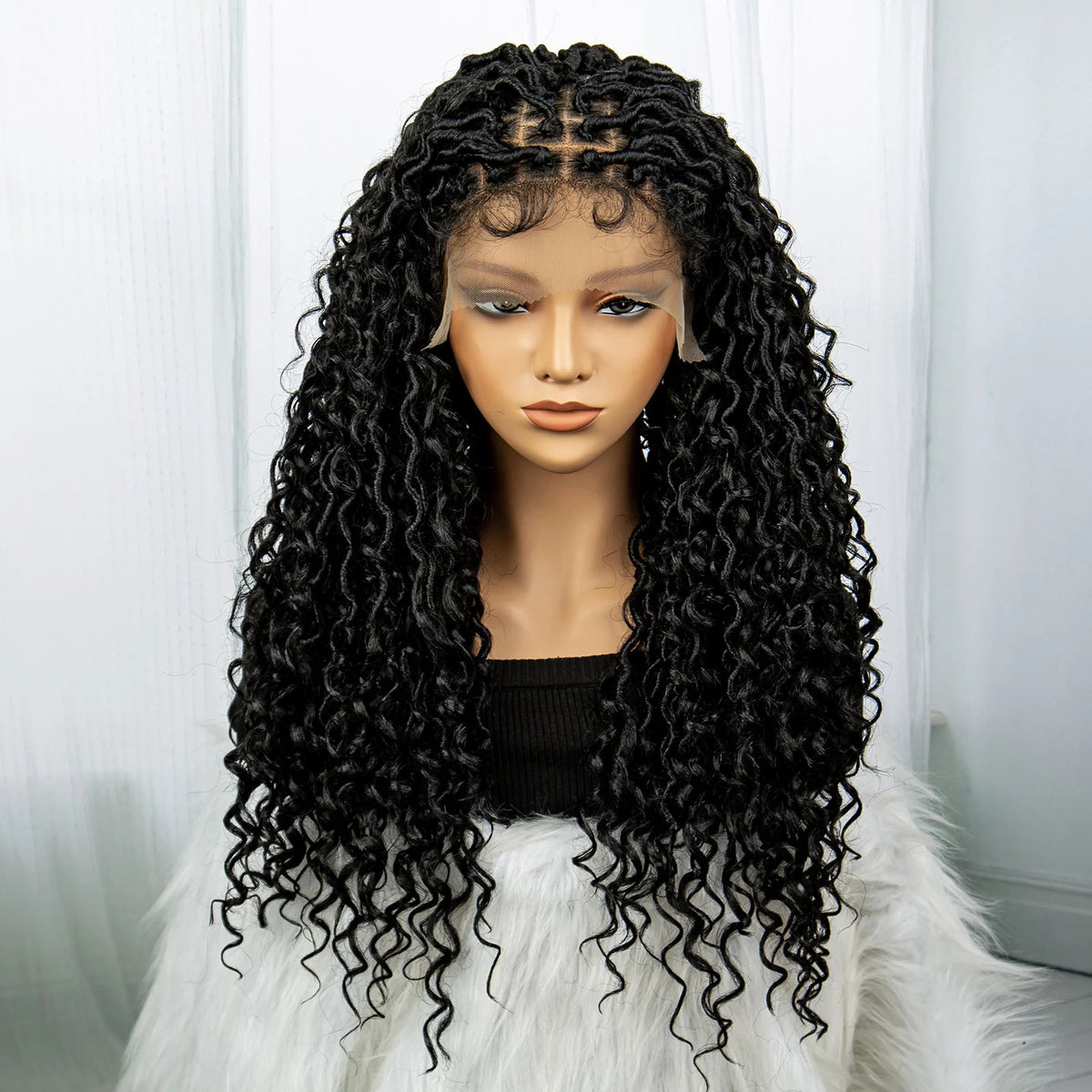 Faux Locs Braided Wigs Synthetic Dreadlock Braided Wigs With Curly Ends 26inch Lace Front Knotless Box Braids Wig with Baby Hair Luxegan