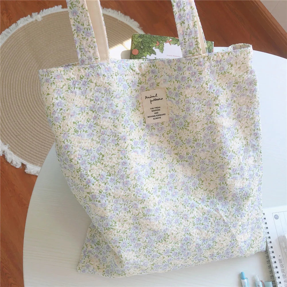 Cotton Floral Women's Bag | Large Canvas Shopping Shoulder Bag for Grocery | Reusable Foldable Female Students Books Tote Handbags Luxegan