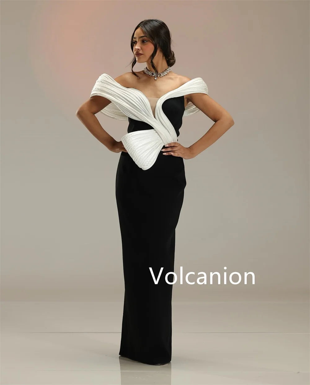 Pleated Off-the-Shoulder Short Sleeve Straight Floor-Length Formal Evening Dress – Polyester Jersey, Built-In Bra, Natural Waist Luxegan