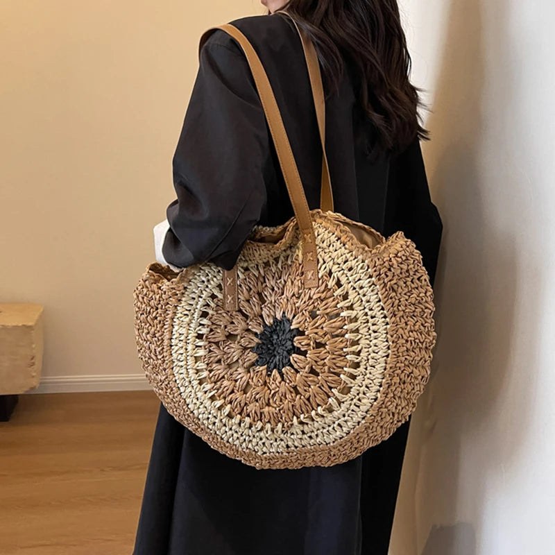 Round Straw Casual Tote Bag | Sophisticated Woven Beach Vacation Handbag | Elegant Holiday Travel Purse | "Dignified" Hard-Shell Circular Bag for Versatile Summer Styling Luxegan