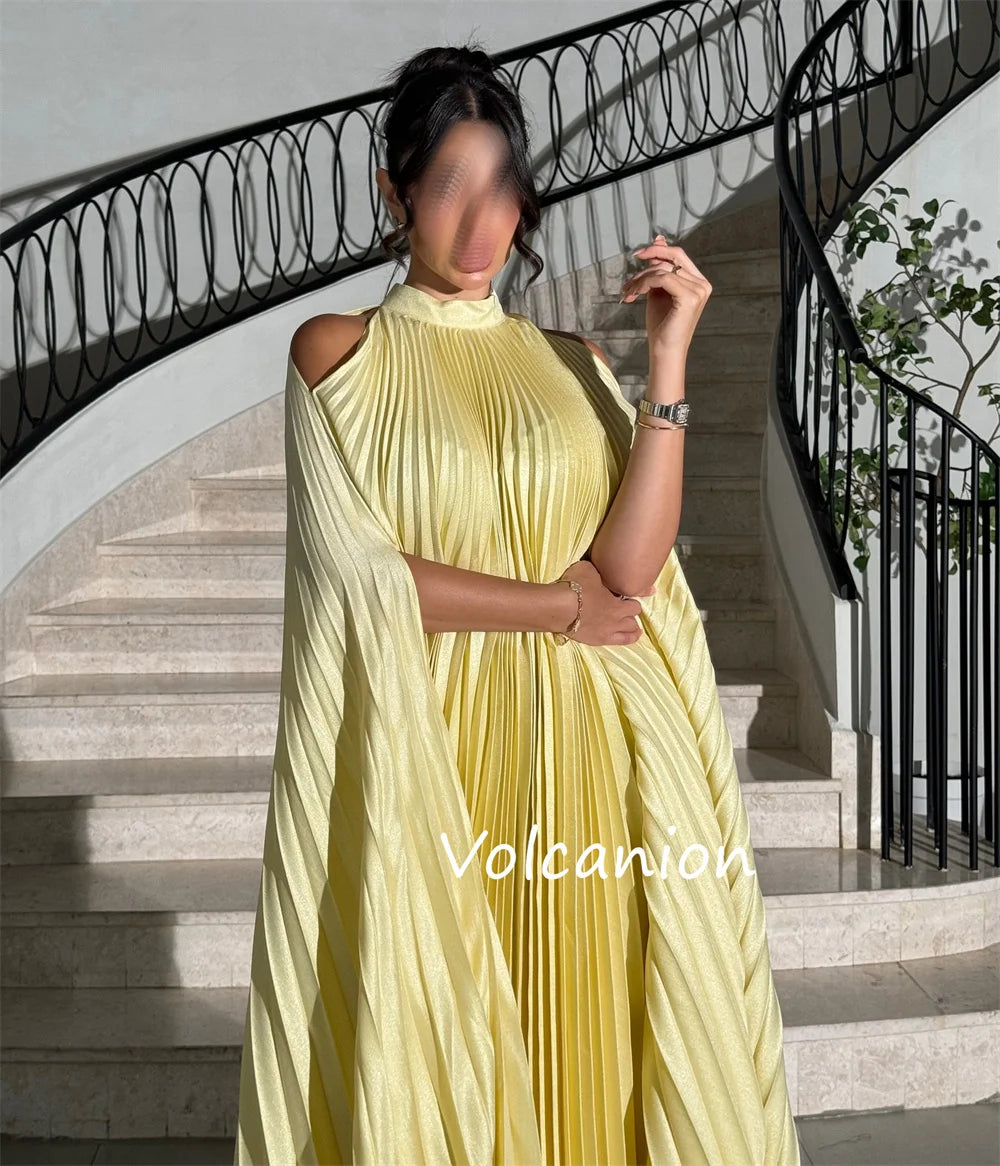 Pleated High Neck Off-the-Shoulder Half Sleeve A-Line Floor-Length Dress – Polyester Jersey, Natural Waist, Built-In Bra Luxegan