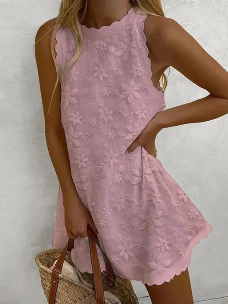 Crochet Hollow-Out Sleeveless Loose A-Line Mini Dress – Mock Neck, Solid, Summer Luxegan