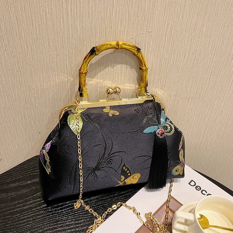 Luxury Embroidery Vintage Evening Bag | Wedding Style Floral Handbag with Tassel Design | National Fashion Shoulder & Crossbody Bag with Bamboo Fiber Lining Luxegan