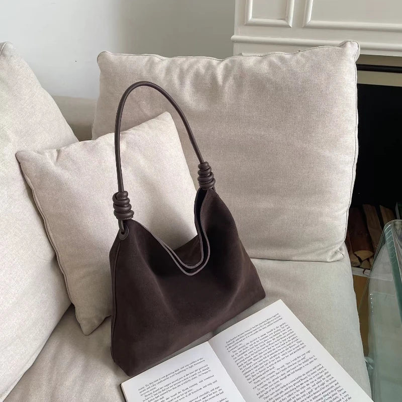 All-Match Chamois Matte Suede Cowhide Leather Tote | Large Capacity Designer Maillard Dressing Coffee Winter Ladies Handbag Luxegan