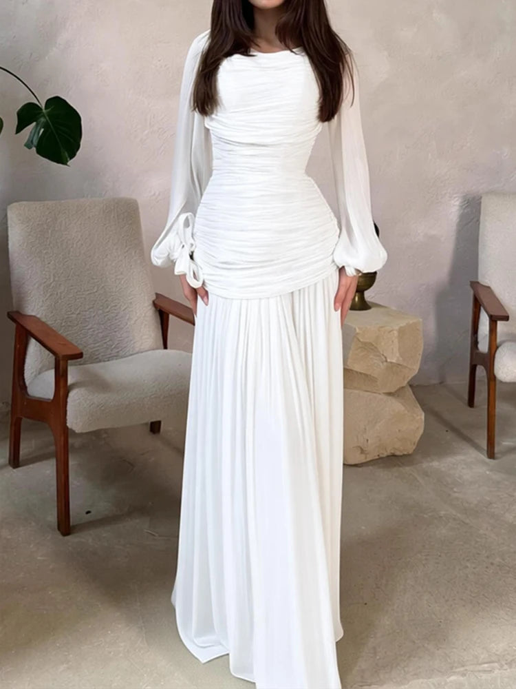 Women's Elegant Draped Solid Long Dress | Casual Commute Waist Party Dress | Elegant O-Neck Full Sleeve