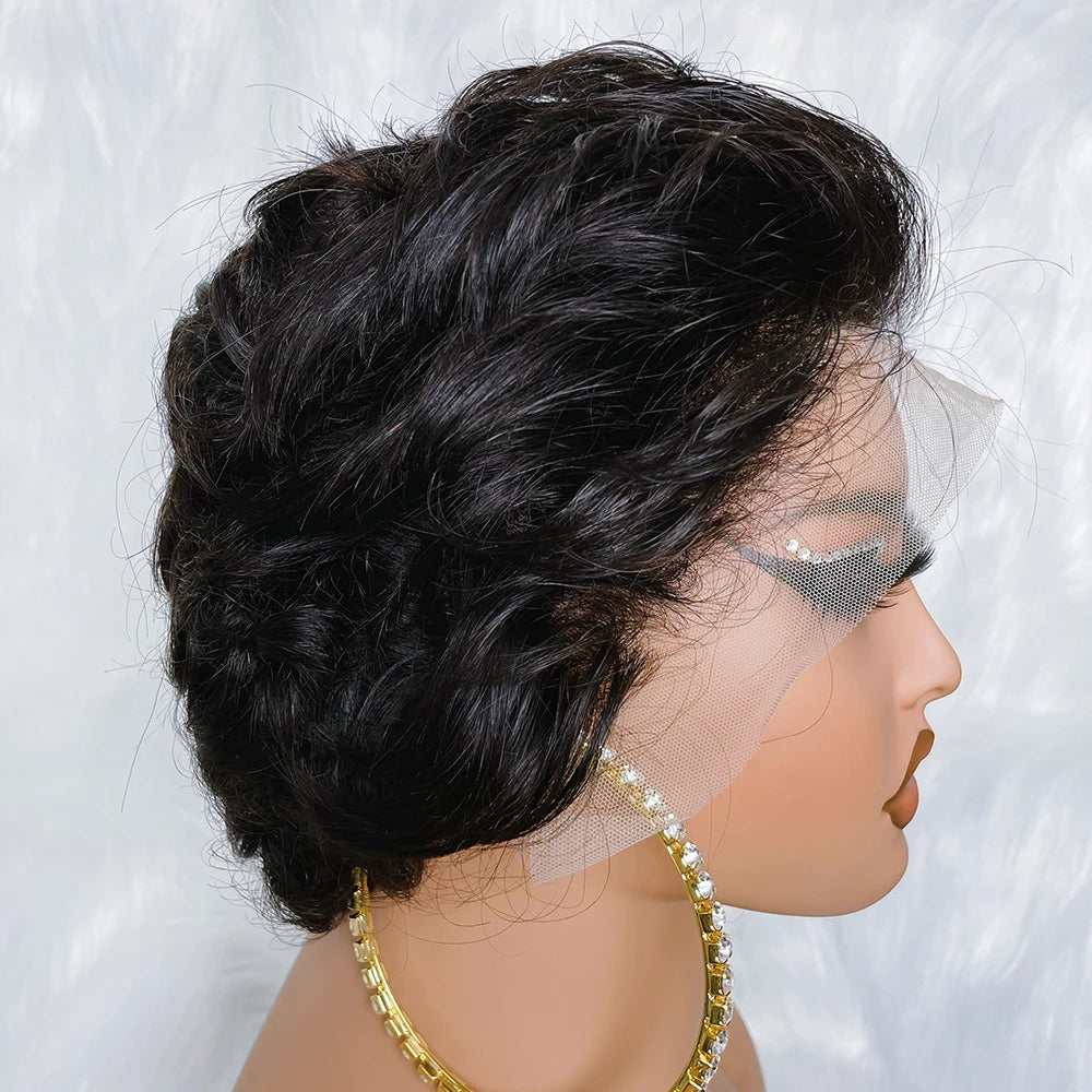 Short 8-Inch Curly Wave Lace Front Wig | 13x4 Transparent Swiss Lace Frontal Wig | 100% Brazilian Remy Human Hair Pre-Plucked Glueless Curly Bob for Women (Natural Color) Luxegan