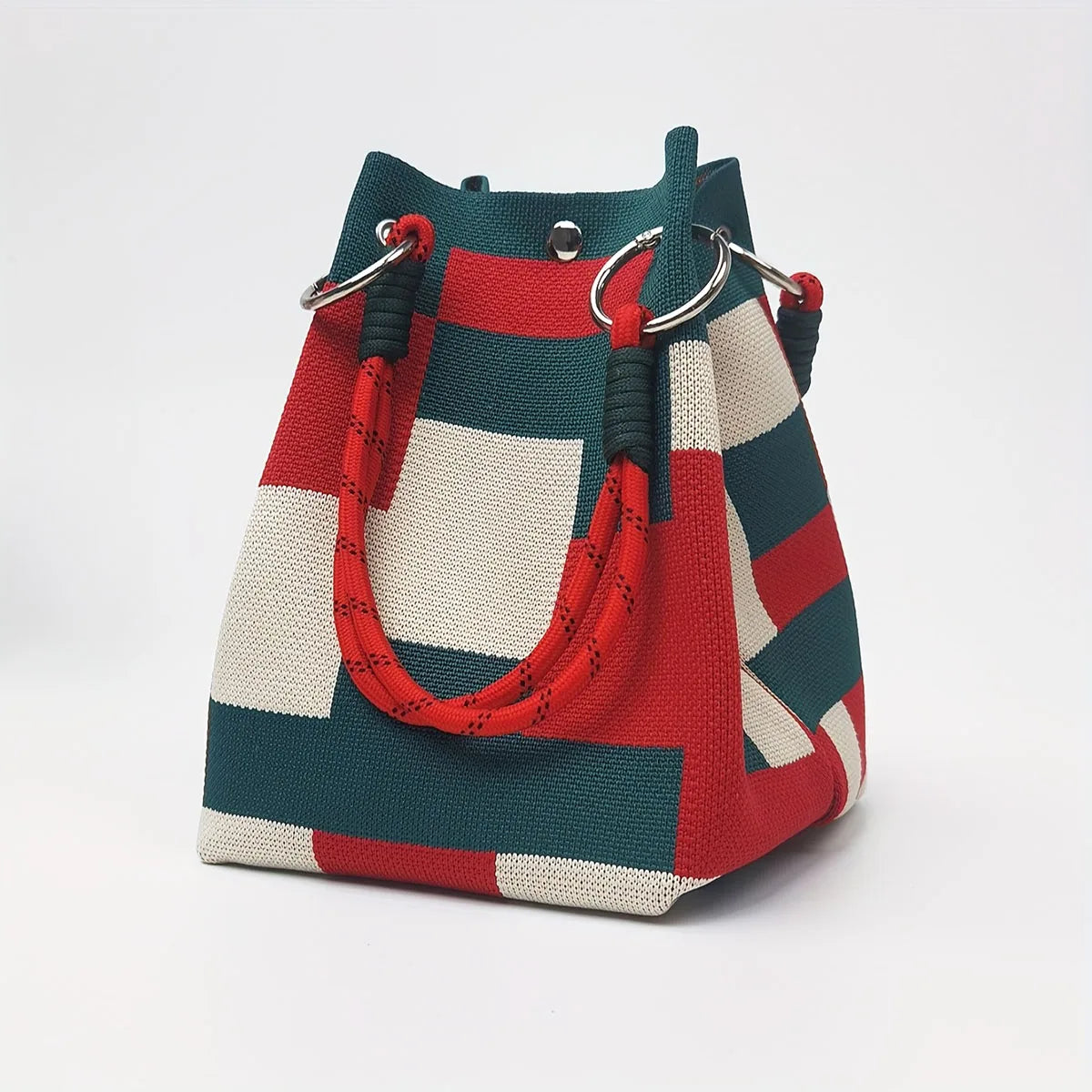 Retro Multi-Color Knitted Bucket Handbag | Fashionable Color-Blocked Cotton Tote | Unisex Vintage Patchwork Hand-Held Bag | Simple Versatile Four-Season Woven Purse Luxegan